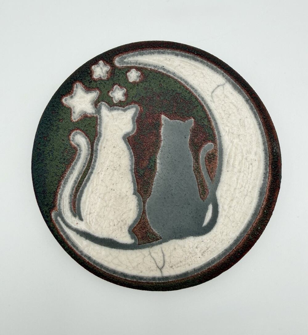 Jeremy Diller Raku Pottery Black & White Cats on the Moon Coaster 4.25” Signed